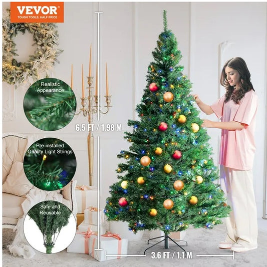 VEVOR Christmas Tree, 6.5ft Prelit Artificial Xmas Tree, Full Holiday Decor Tree With 450 Multi-Color LED Lights, 1227 Branch Tips, Metal Base For Home Party Office Decoration