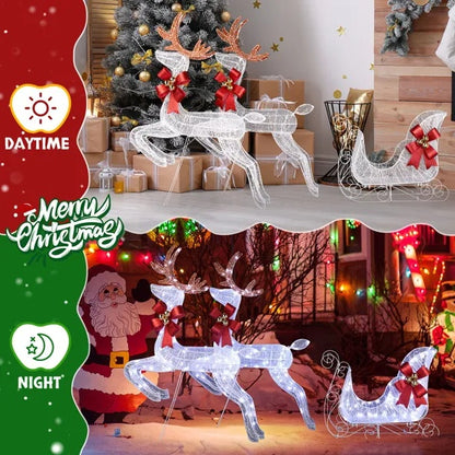 3-Piece Lighted Set Of 2 Reindeer & Sleigh, Weather Proof Christmas Outdoor Decorations With Pre-lit 270 LED White Lights And Stakes For Xmas Outdoor Holiday Indoor Decor Lighted Holiday Displays, Whi