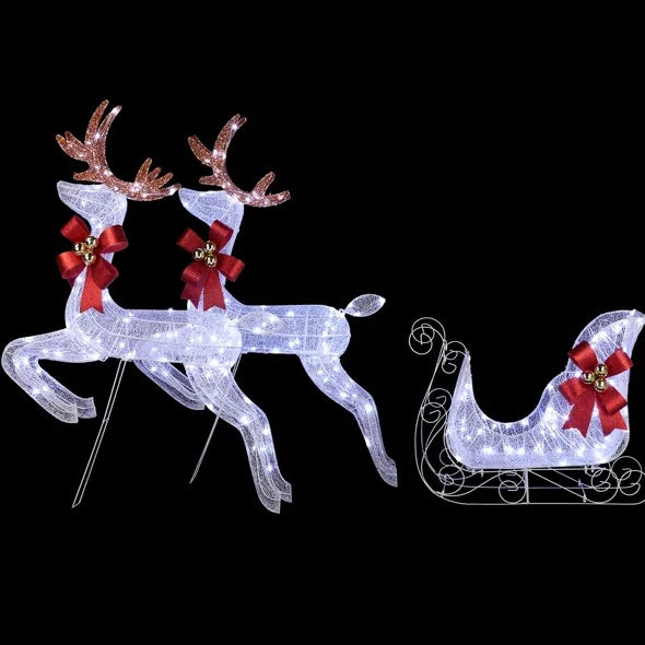 3-Piece Lighted Set Of 2 Reindeer & Sleigh, Weather Proof Christmas Outdoor Decorations With Pre-lit 270 LED White Lights And Stakes For Xmas Outdoor Holiday Indoor Decor Lighted Holiday Displays, Whi