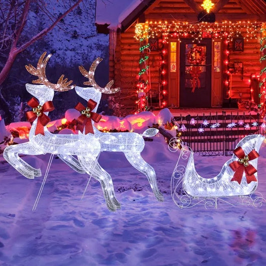 3-Piece Lighted Set Of 2 Reindeer & Sleigh, Weather Proof Christmas Outdoor Decorations With Pre-lit 270 LED White Lights And Stakes For Xmas Outdoor Holiday Indoor Decor Lighted Holiday Displays, Whi